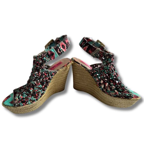 Betsey Johnson Beckey Aztec 6 Multicolor Peep Toe Espadrille Woven Wedge Sandal - Picture 4 of 9